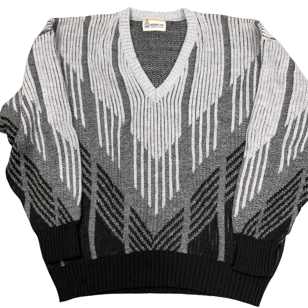 London Fog Sweater Mens XL Black Gray Chevron Geometric Grandpacore  Knit VTG